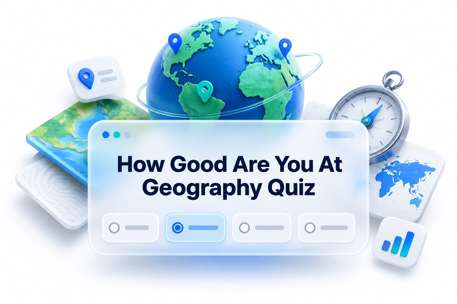 Colorful world map with quiz question marks and travel icons